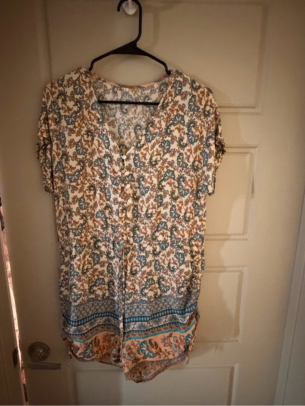 Boho Floral Button-Front Jumper in Cream and Teal